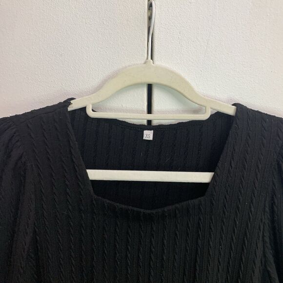 Womens Long Sleeve Knit Dress Square Neck Knee Length Casual Babydoll Black XS - Picture 3 of 7